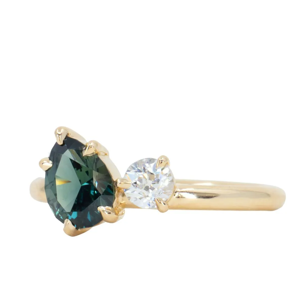 1.02ct Teal Pear Sapphire and Antique Diamond Toi Et Moi Ring in 18k Yellow Gold