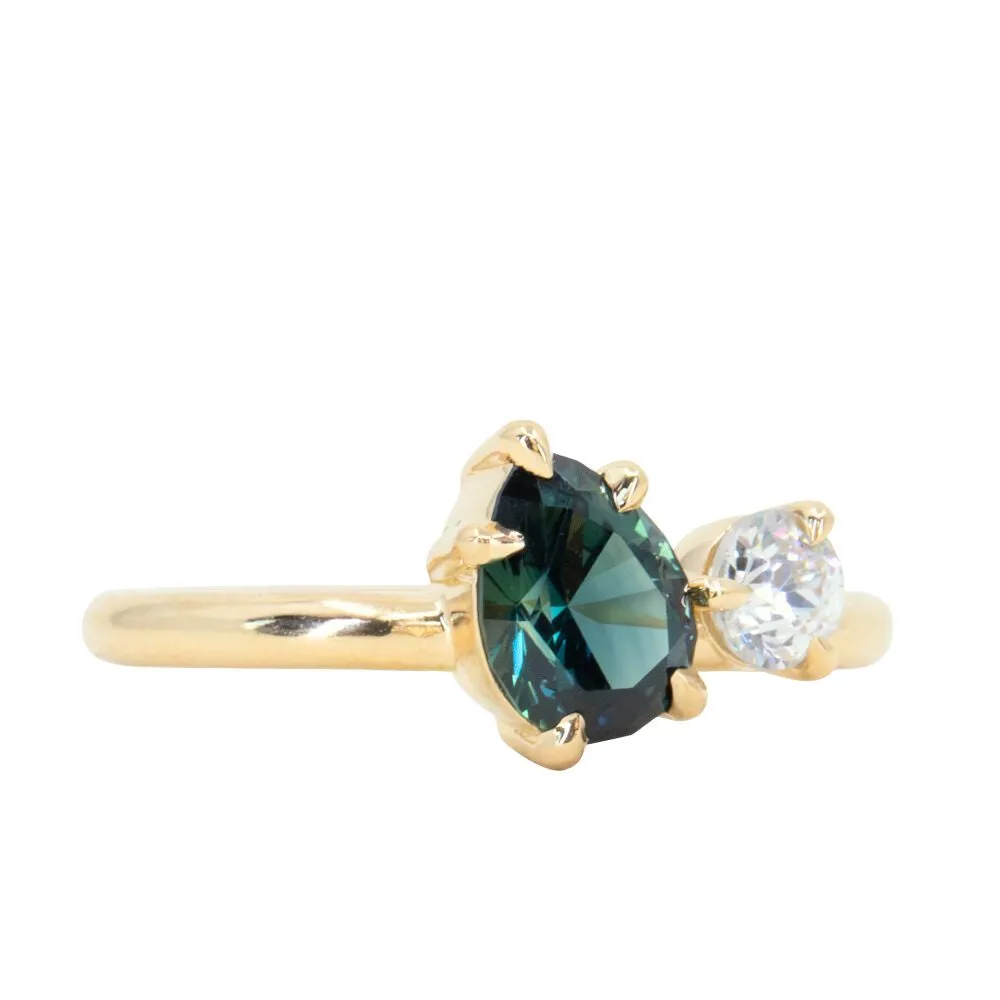 1.02ct Teal Pear Sapphire and Antique Diamond Toi Et Moi Ring in 18k Yellow Gold