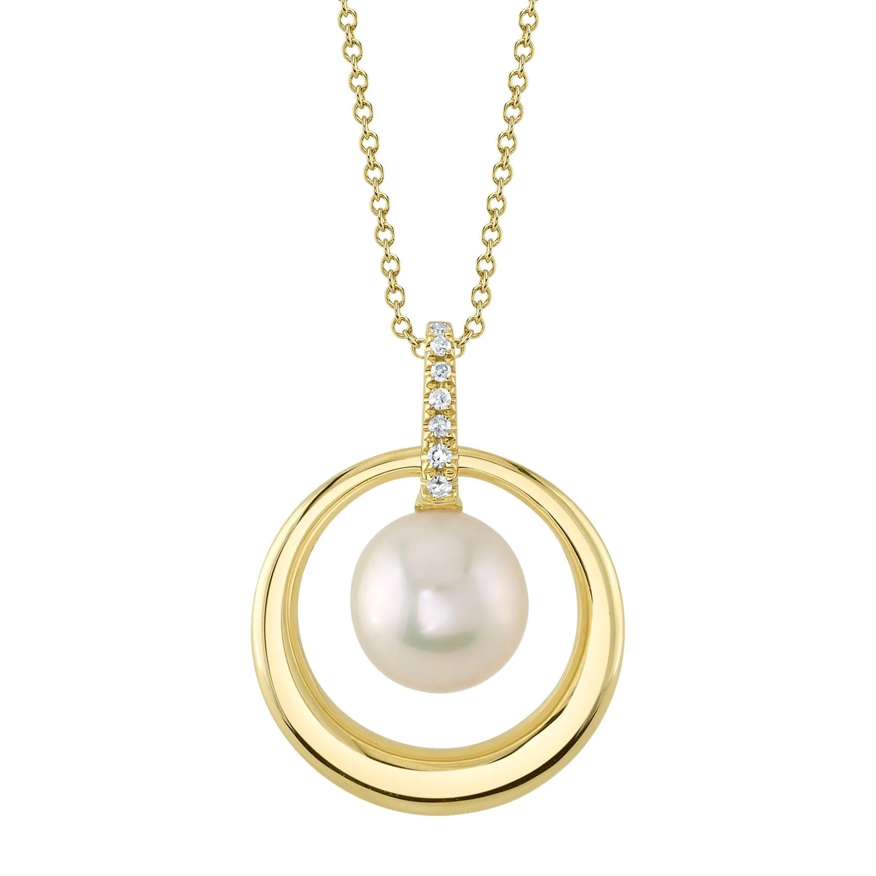 14K Gold Pearl Diamond Circle Pendant Necklace