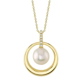 14K Gold Pearl Diamond Circle Pendant Necklace