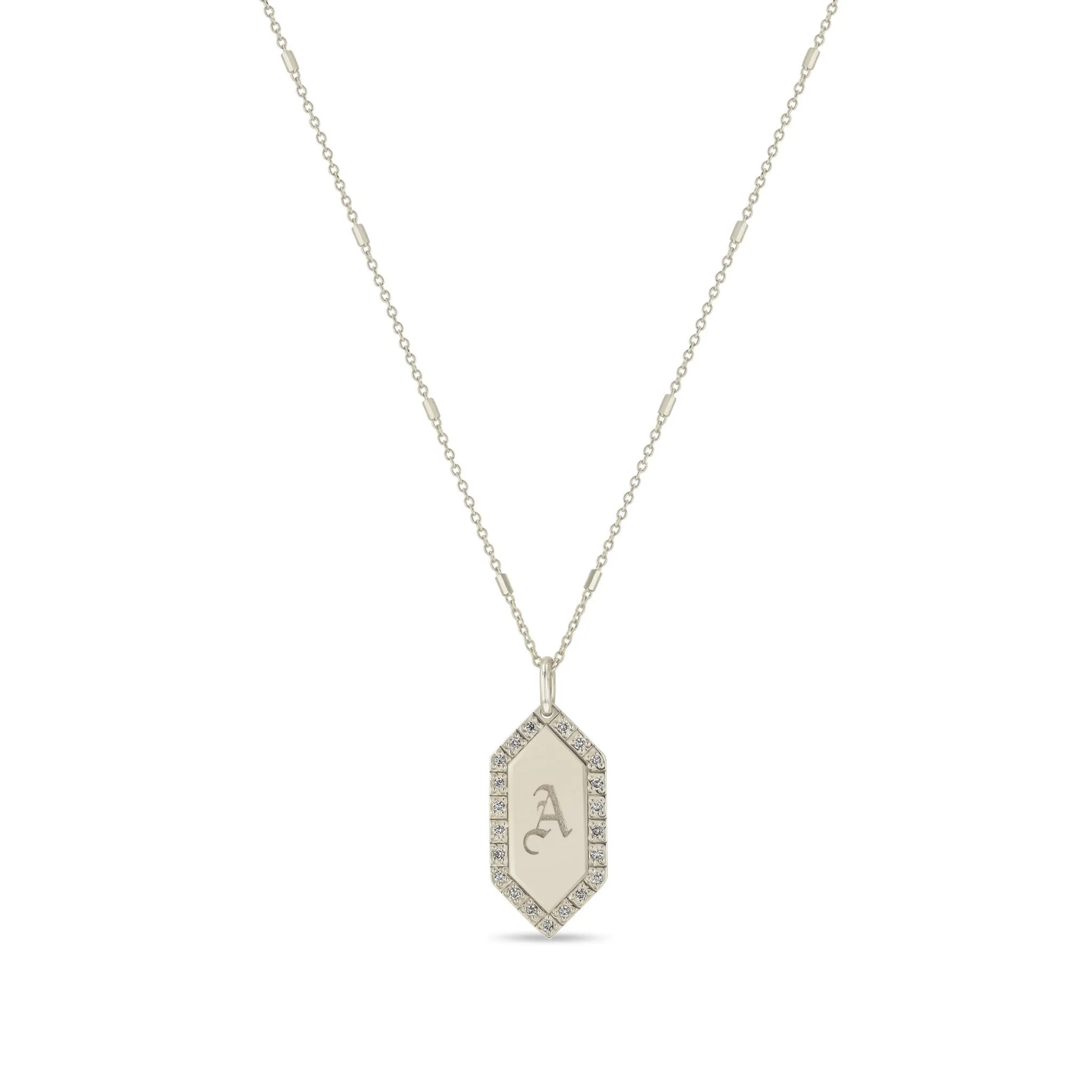 14k Initial Elongated Hexagon Diamond Border Tag Necklace