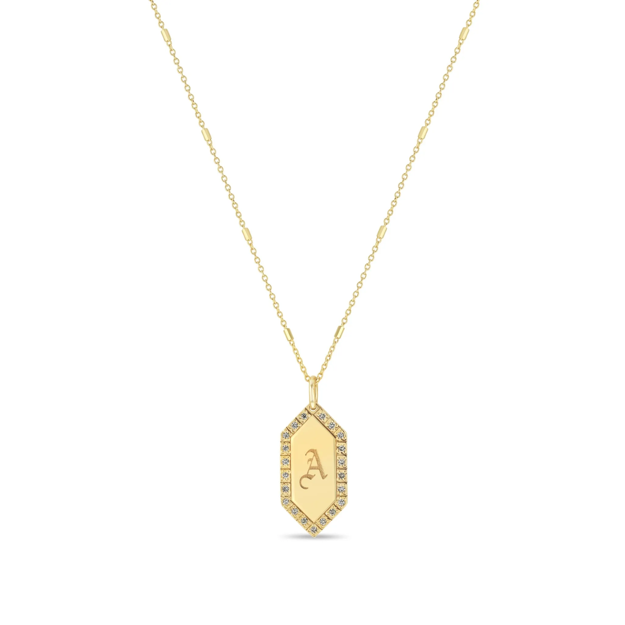 14k Initial Elongated Hexagon Diamond Border Tag Necklace