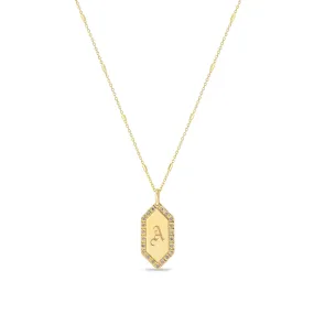 14k Initial Elongated Hexagon Diamond Border Tag Necklace