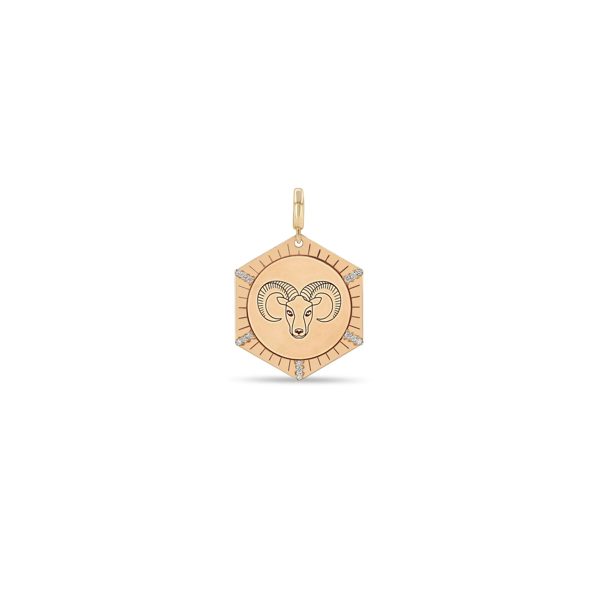 14k Single Animal with Diamond Rays Hexagon Medallion Charm Pendant