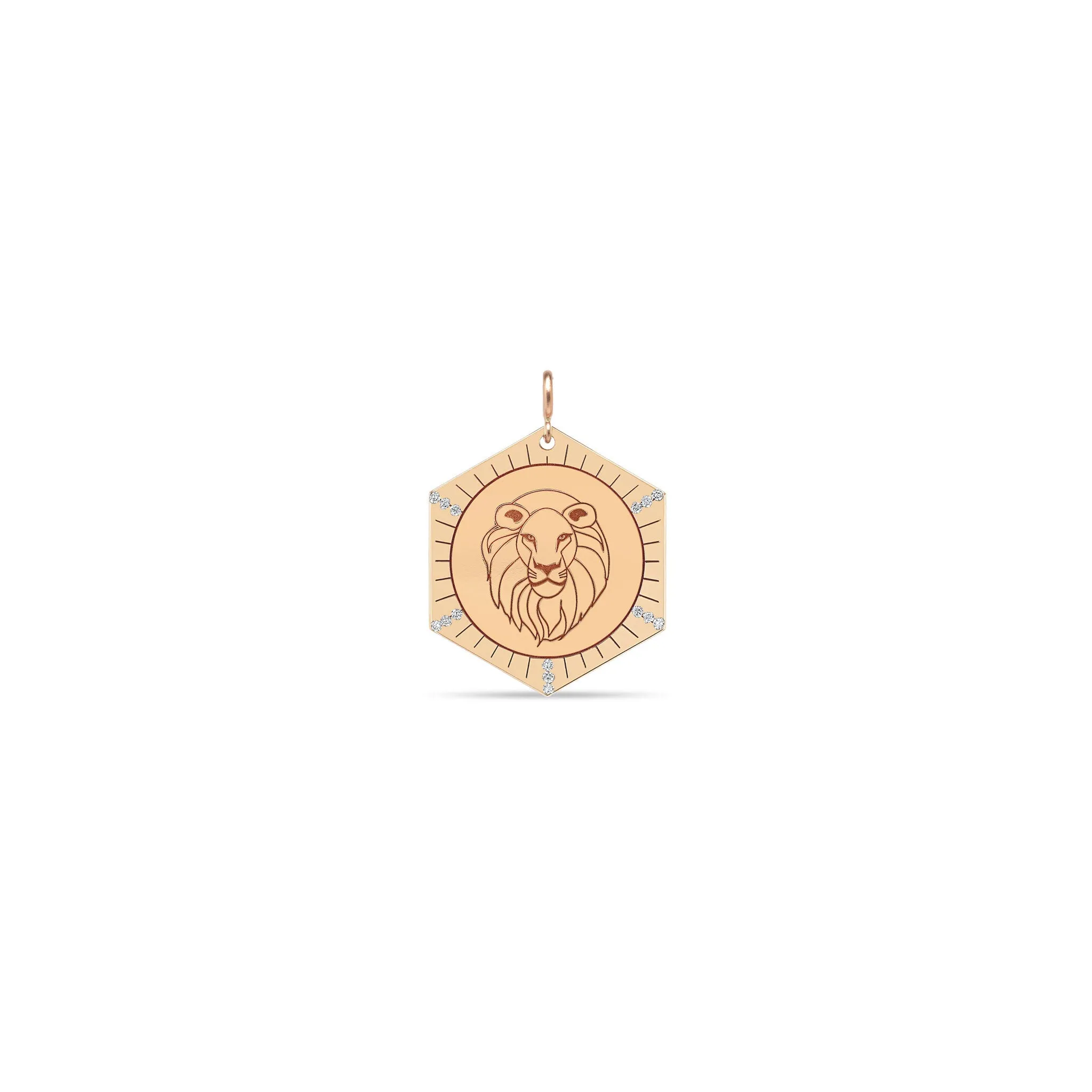 14k Single Animal with Diamond Rays Hexagon Medallion Charm Pendant