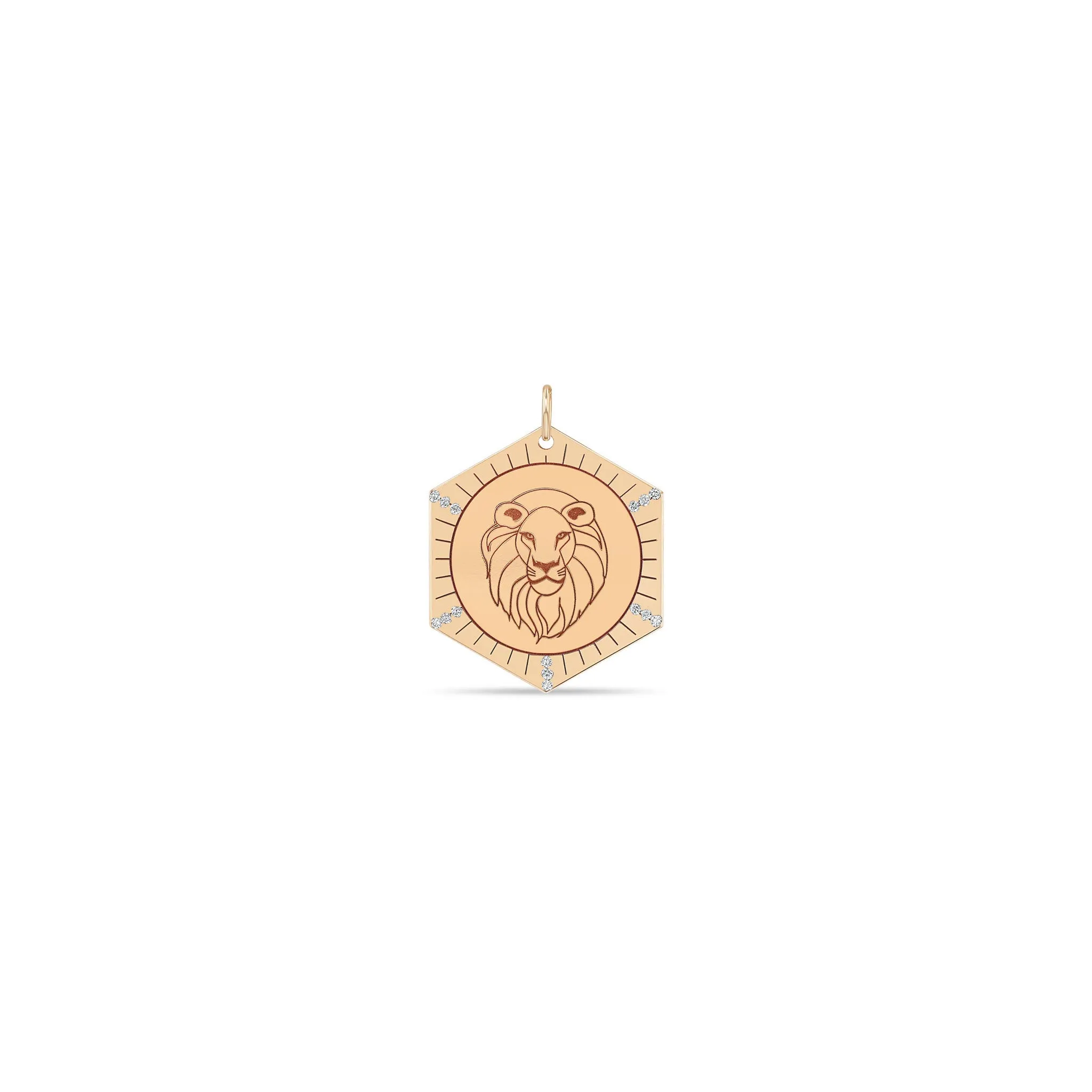 14k Single Animal with Diamond Rays Hexagon Medallion Charm Pendant