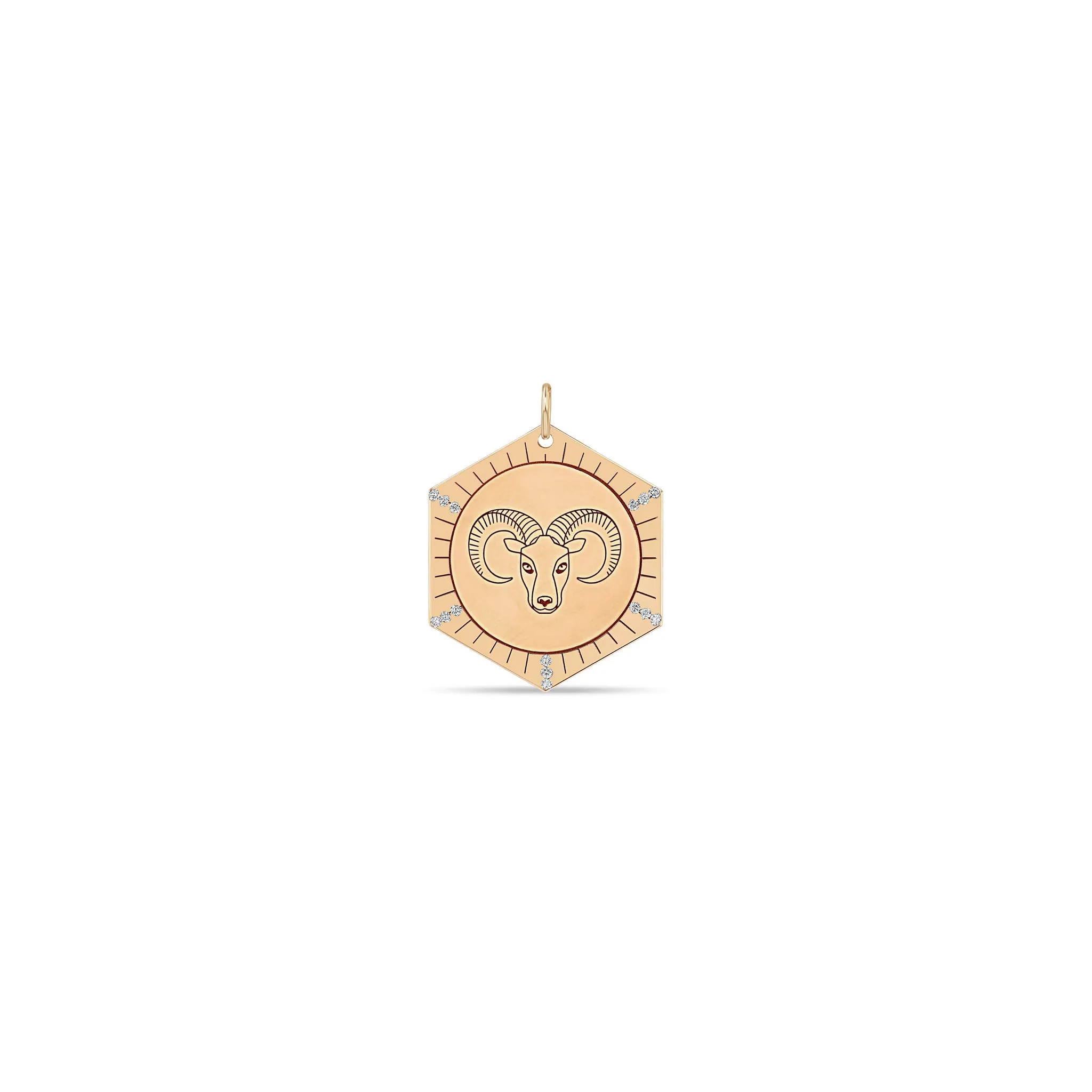 14k Single Animal with Diamond Rays Hexagon Medallion Charm Pendant