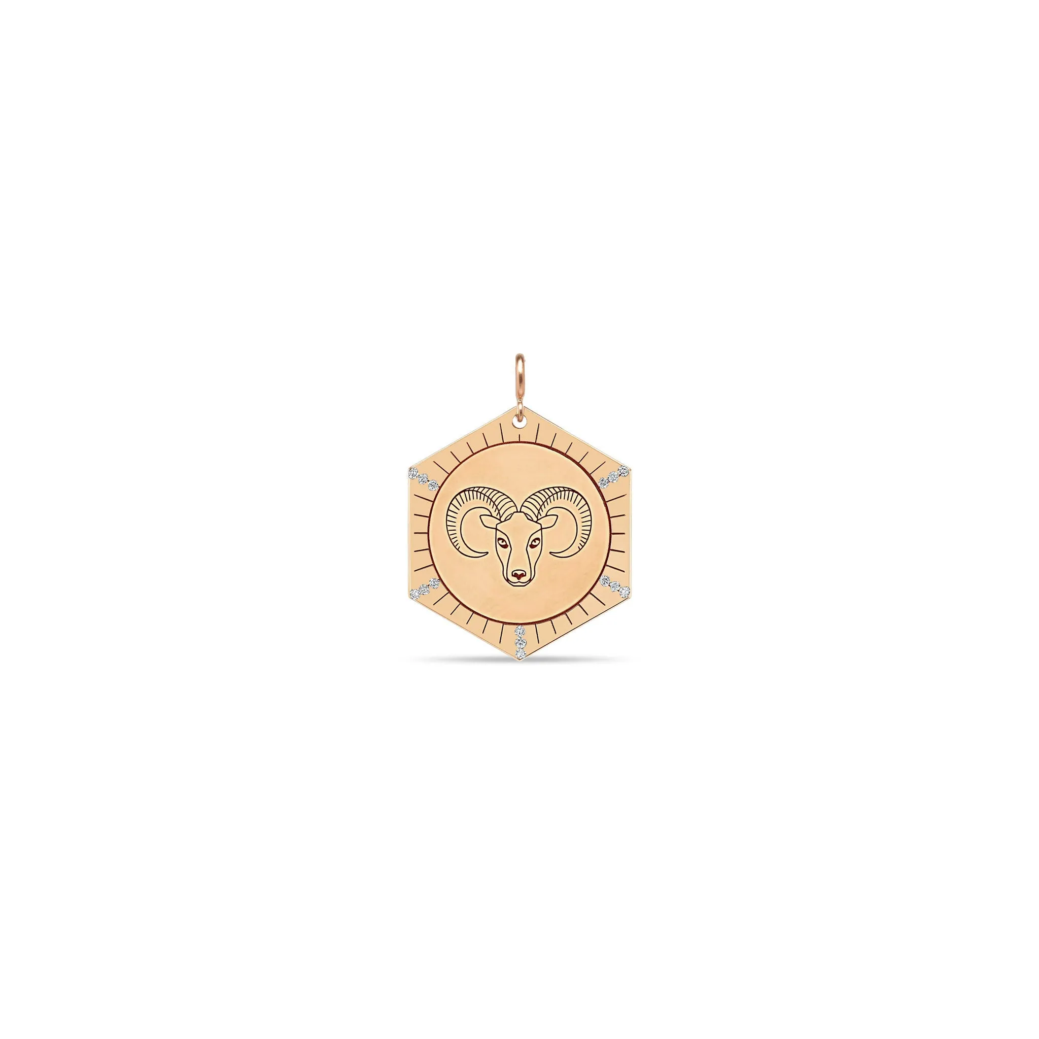 14k Single Animal with Diamond Rays Hexagon Medallion Charm Pendant