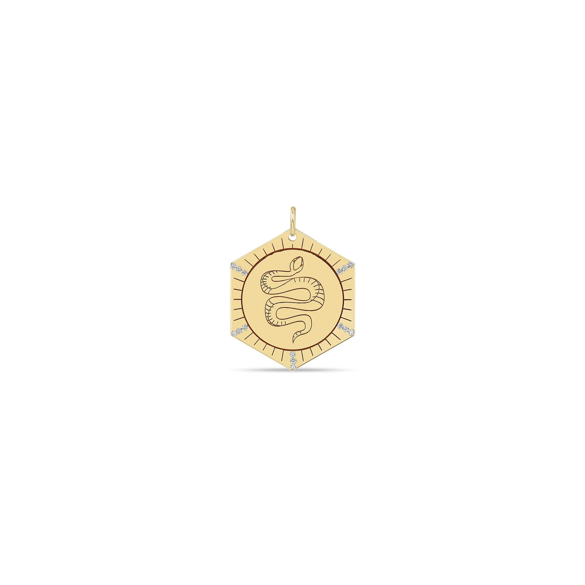 14k Single Animal with Diamond Rays Hexagon Medallion Charm Pendant