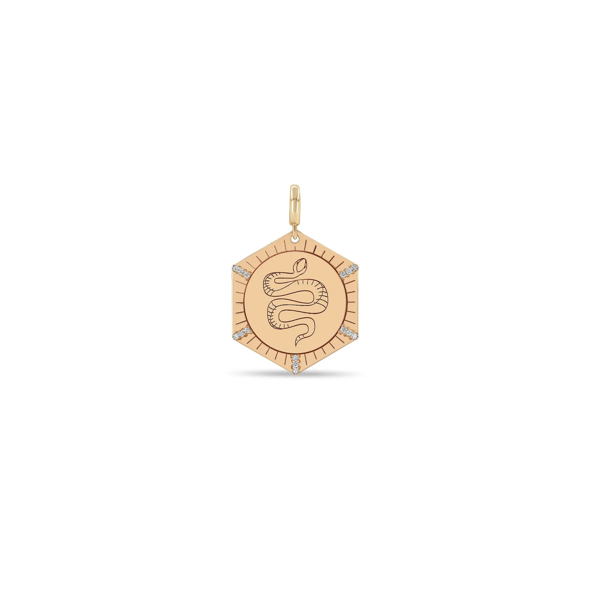 14k Single Animal with Diamond Rays Hexagon Medallion Charm Pendant