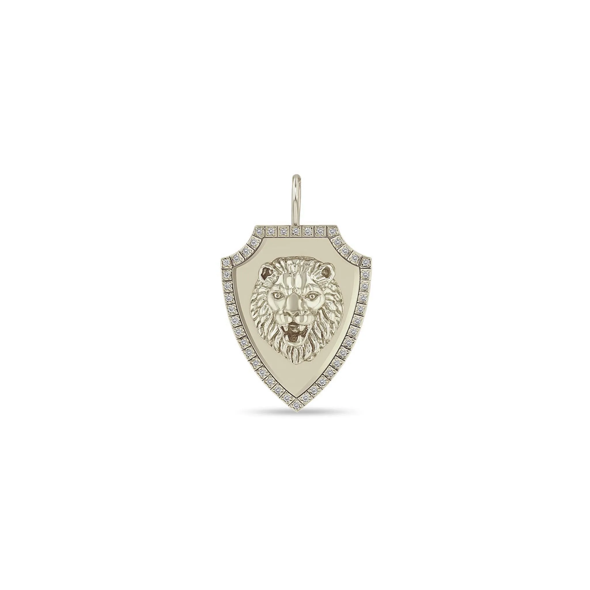 14k Single Lion Head Pavé Diamond Border Shield Pendant