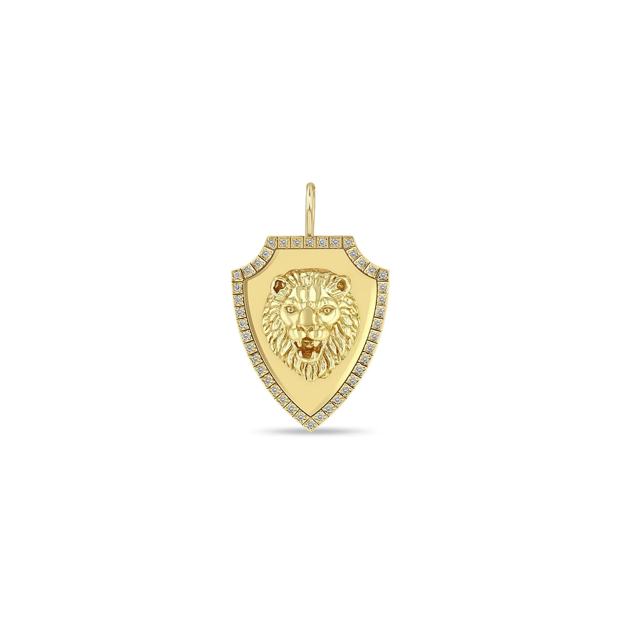 14k Single Lion Head Pavé Diamond Border Shield Pendant