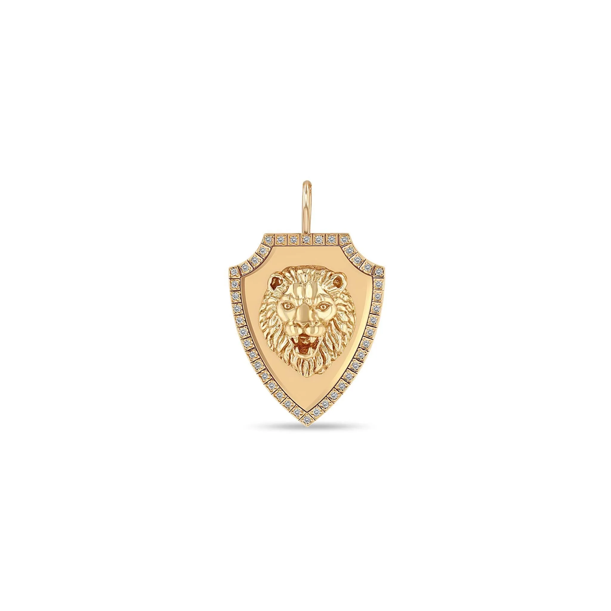 14k Single Lion Head Pavé Diamond Border Shield Pendant