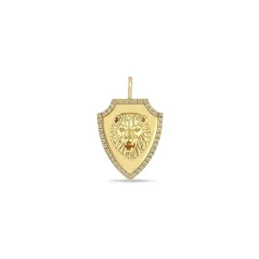 14k Single Lion Head Pavé Diamond Border Shield Pendant