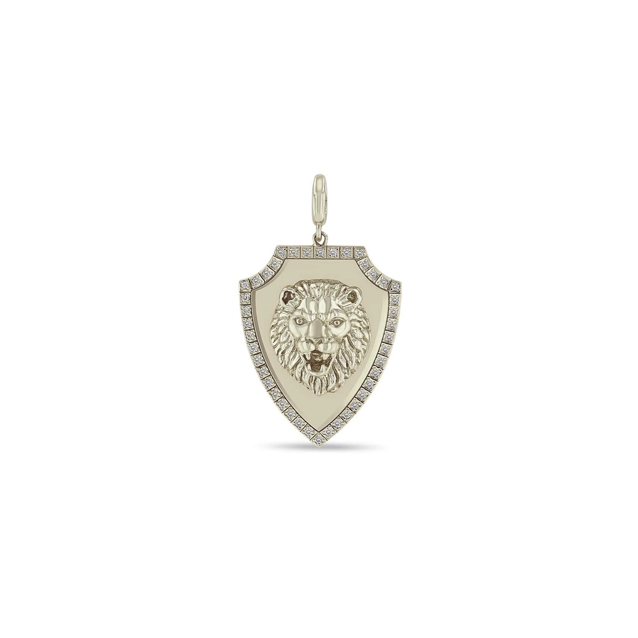 14k Single Lion Head Pavé Diamond Border Shield Pendant