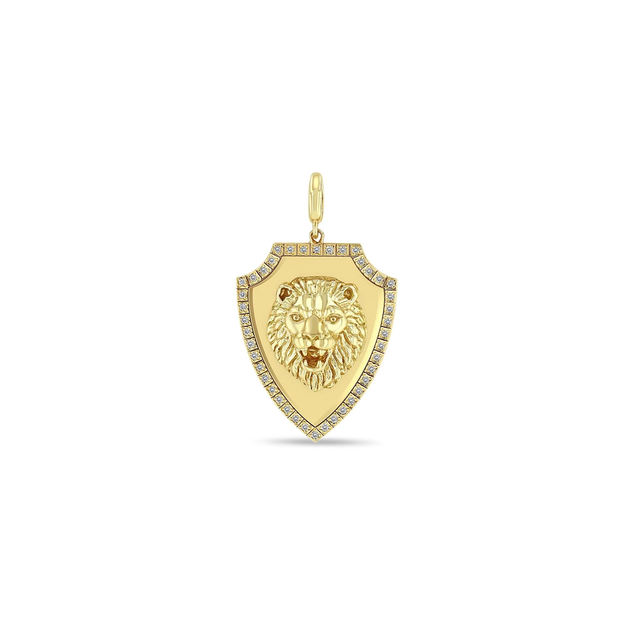 14k Single Lion Head Pavé Diamond Border Shield Pendant