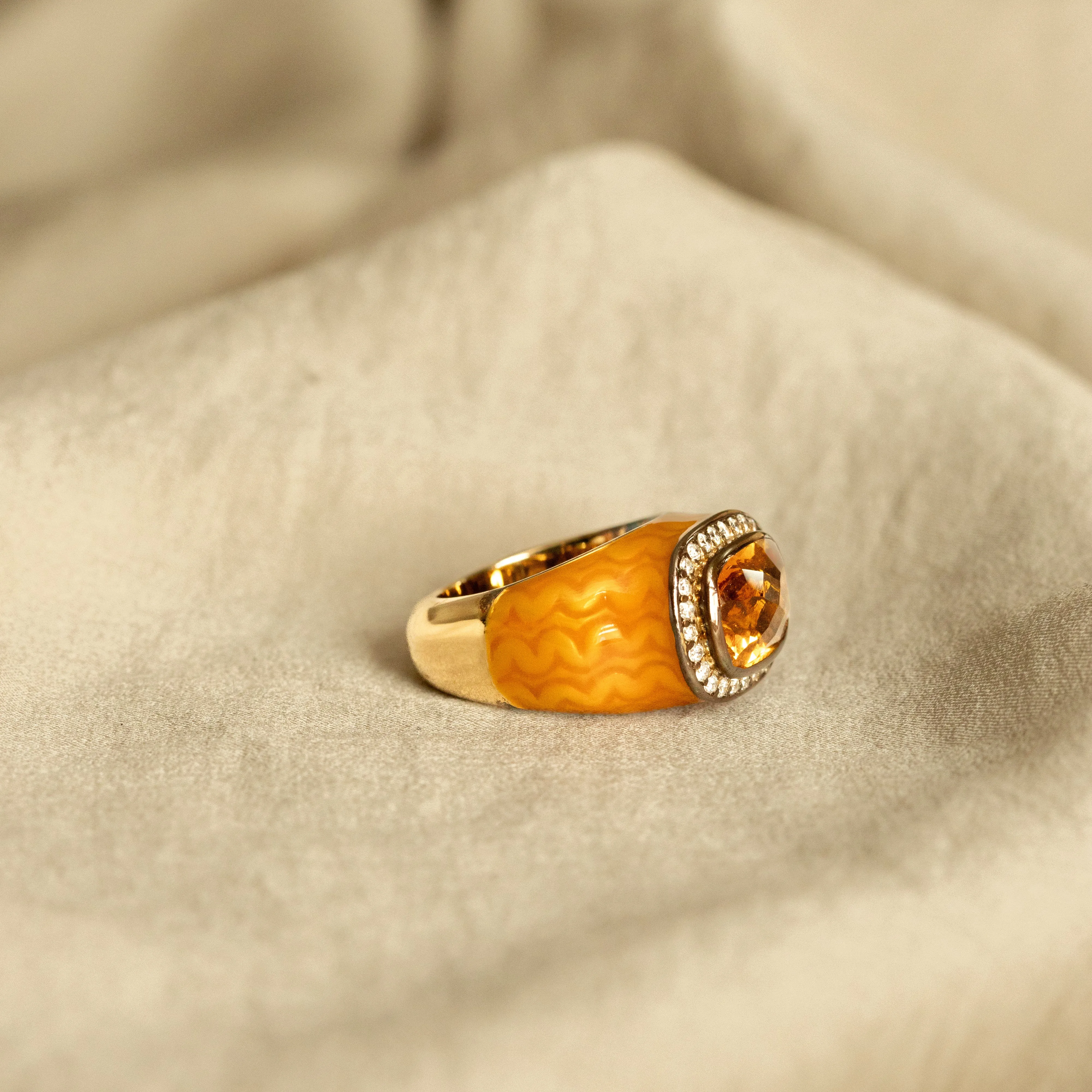 18K Gold 2.5 Carat Citrine Diamond Enamel Ring