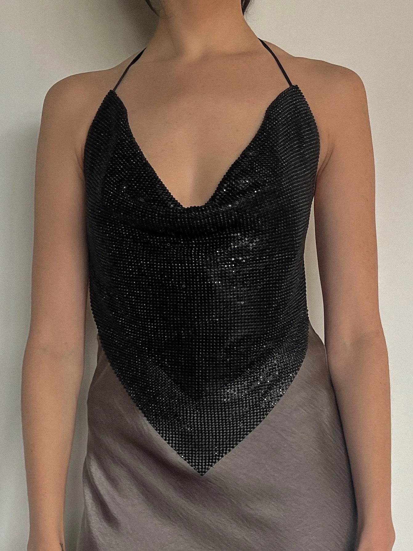 27 Rhinestone Cowl Neck Halter Open Back Top