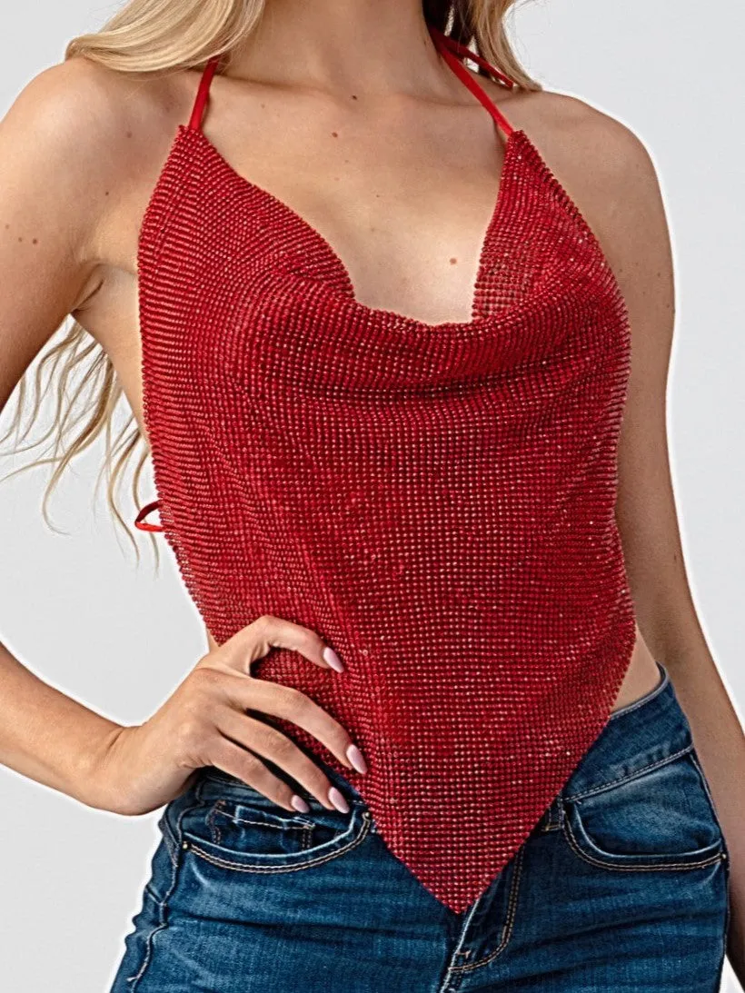 27 Rhinestone Cowl Neck Halter Open Back Top