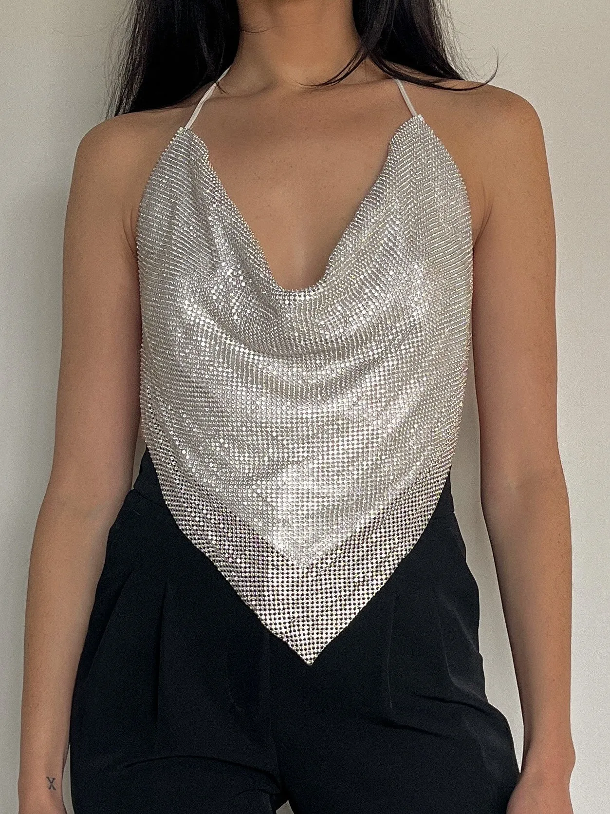 27 Rhinestone Cowl Neck Halter Open Back Top