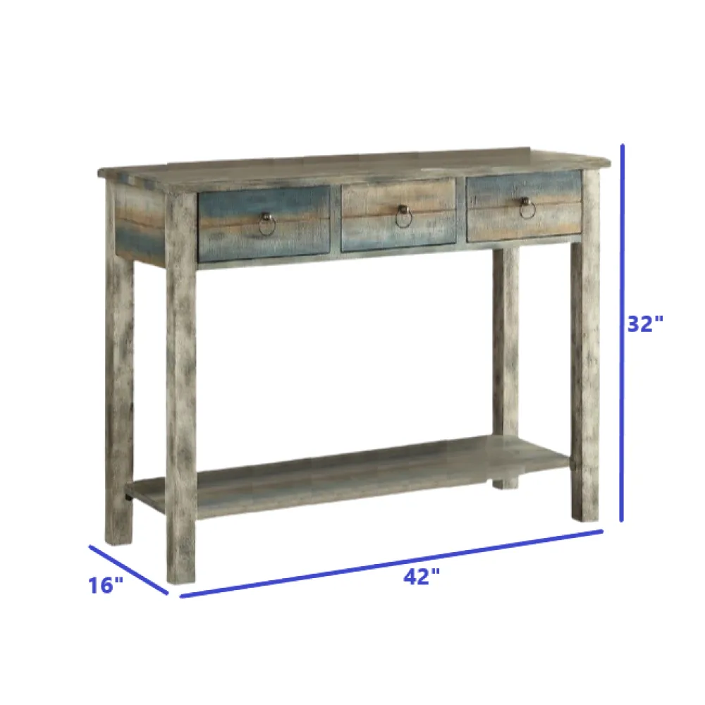 32 X 15 X 35 Antique Oak And Teal Wooden Console Table