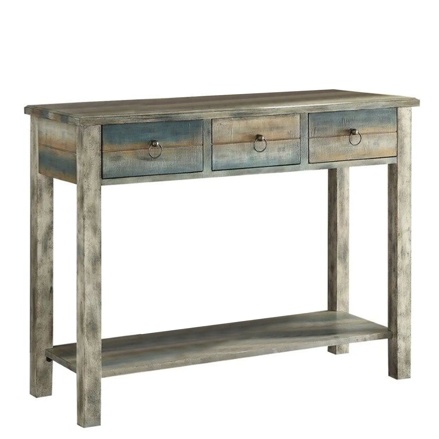 32 X 15 X 35 Antique Oak And Teal Wooden Console Table