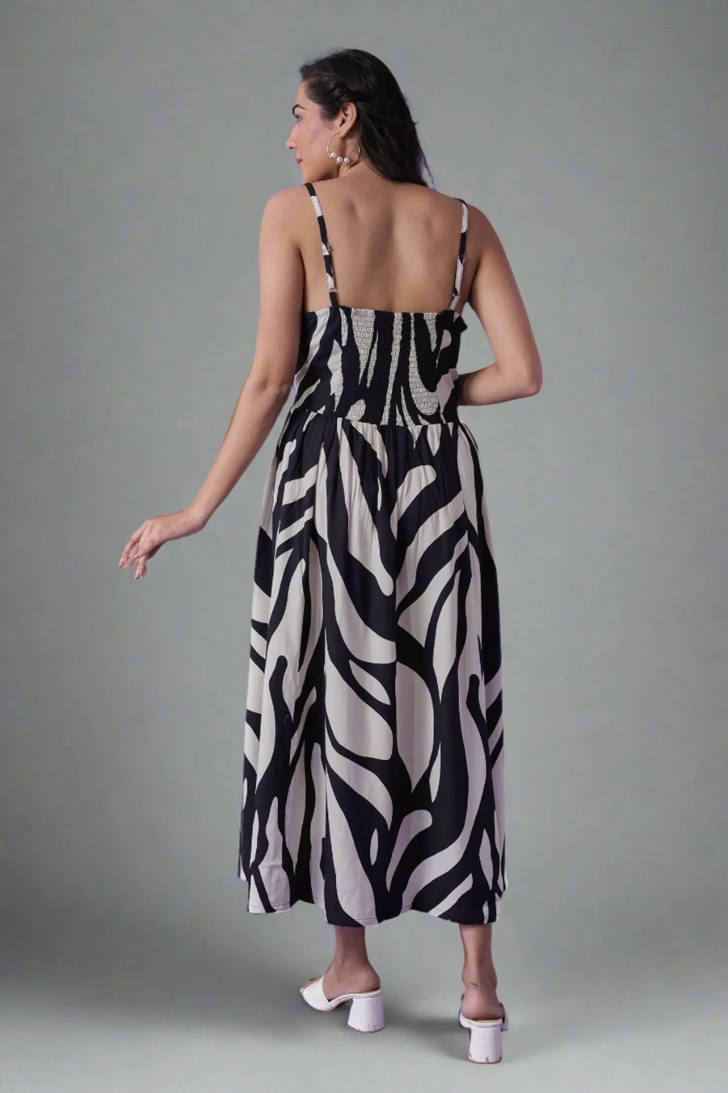 Abstract Black & White Print Muslin Dress