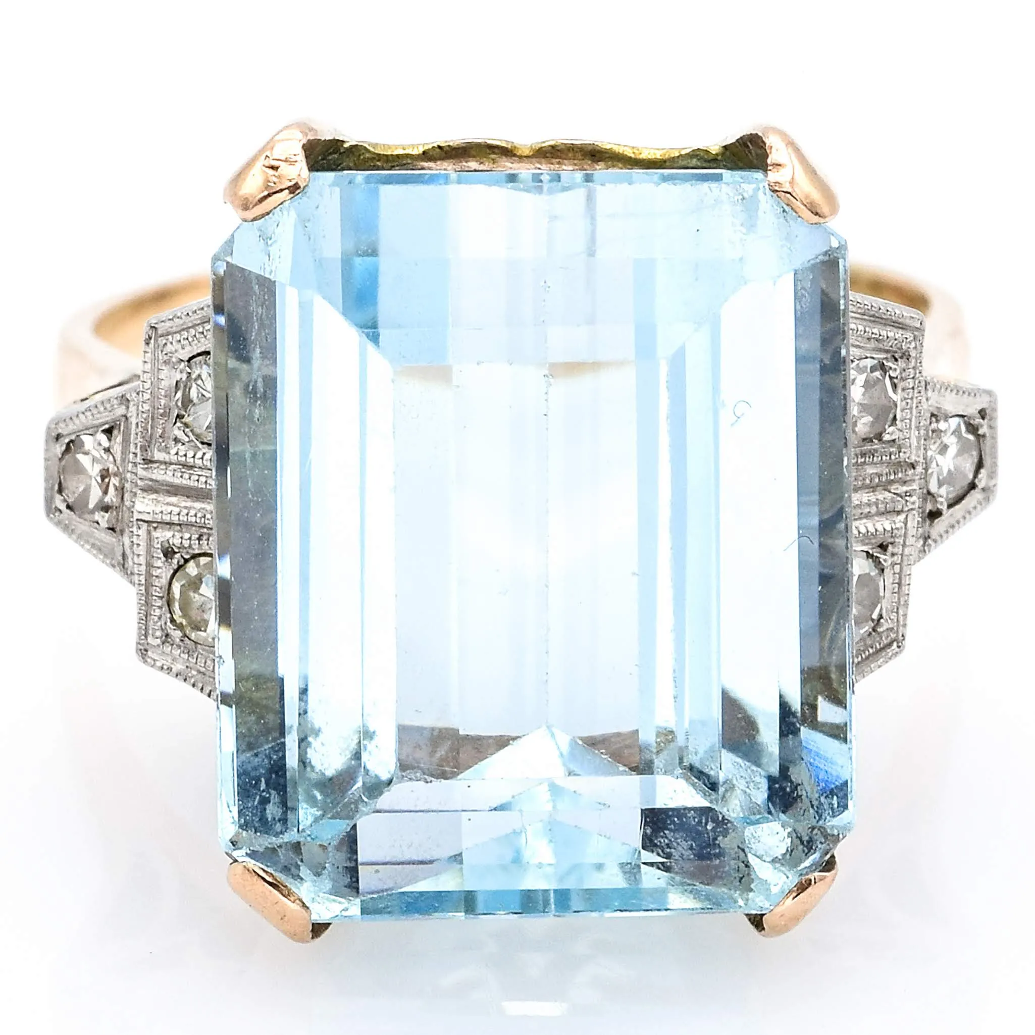 Antique 14K Gold 14.44 Ct Aquamarine & Diamond Cocktail Ring