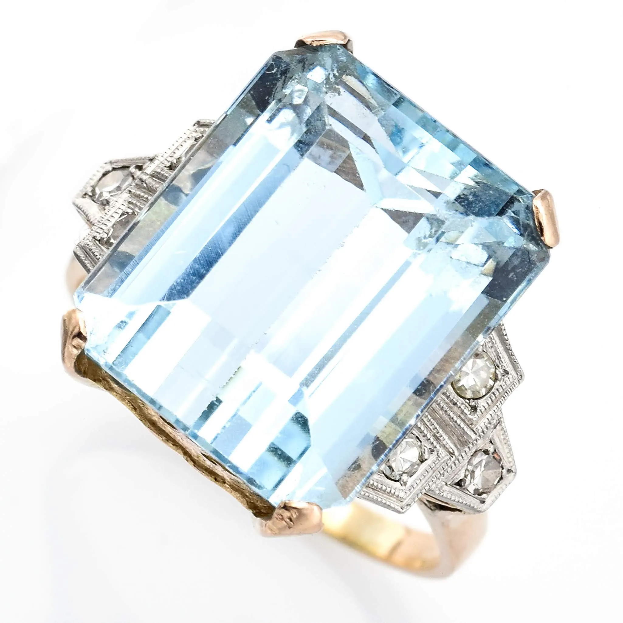 Antique 14K Gold 14.44 Ct Aquamarine & Diamond Cocktail Ring