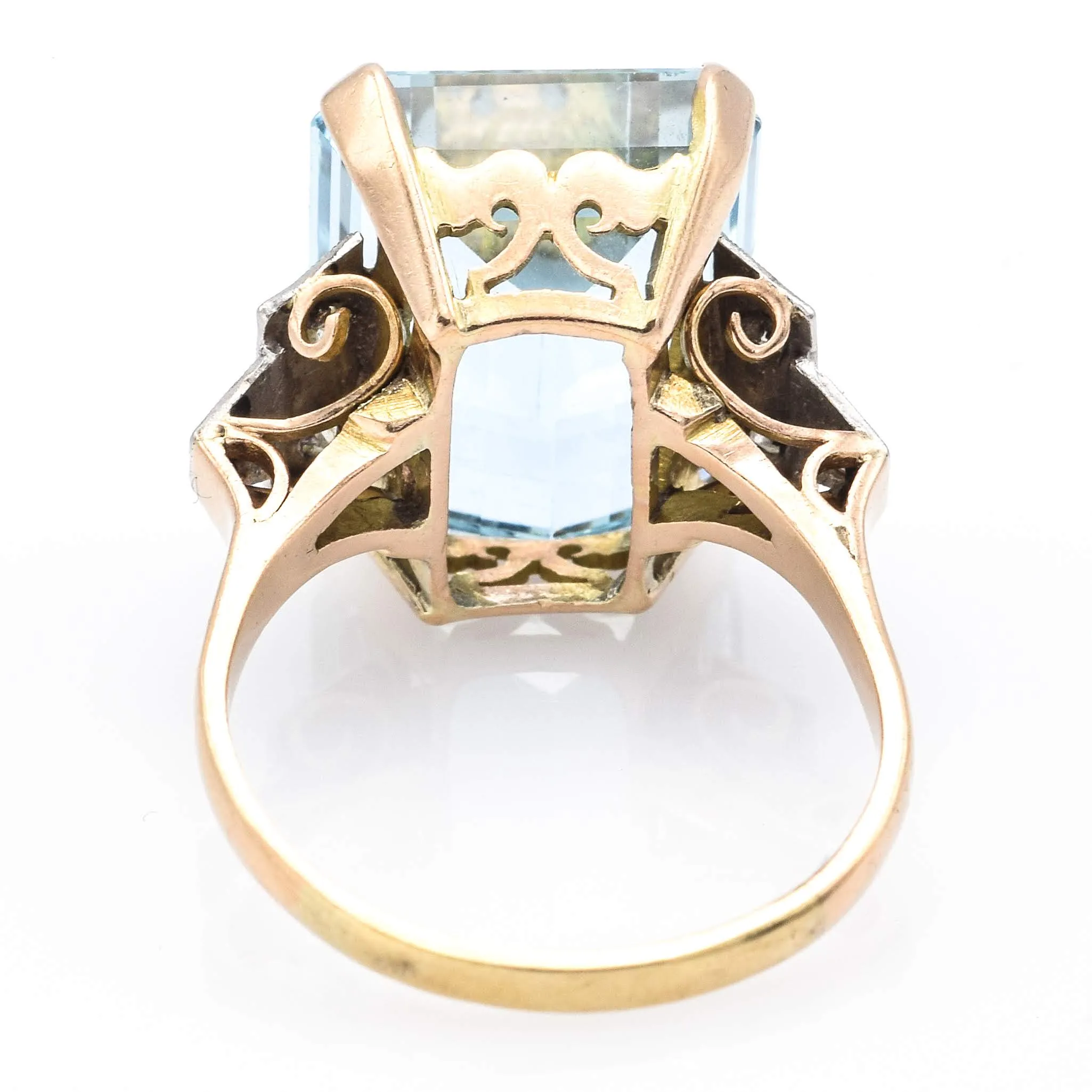 Antique 14K Gold 14.44 Ct Aquamarine & Diamond Cocktail Ring