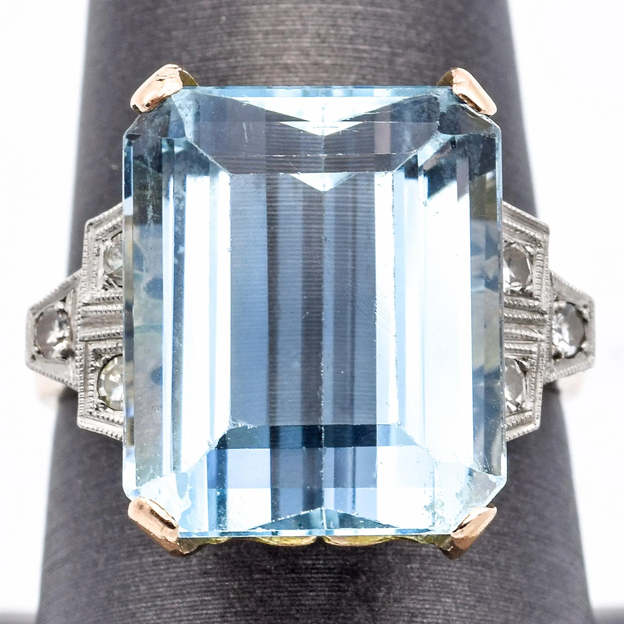 Antique 14K Gold 14.44 Ct Aquamarine & Diamond Cocktail Ring