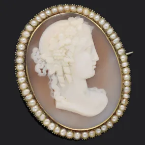 Antique 14K Yellow Gold Cameo Shell & Sea Pearl Oval Brooch Pin 13.5 Grams