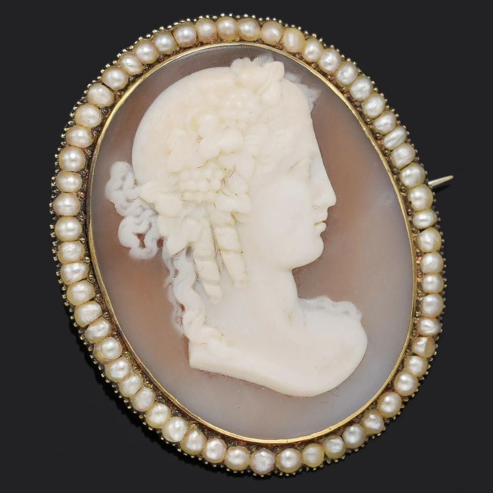 Antique 14K Yellow Gold Cameo Shell & Sea Pearl Oval Brooch Pin 13.5 Grams