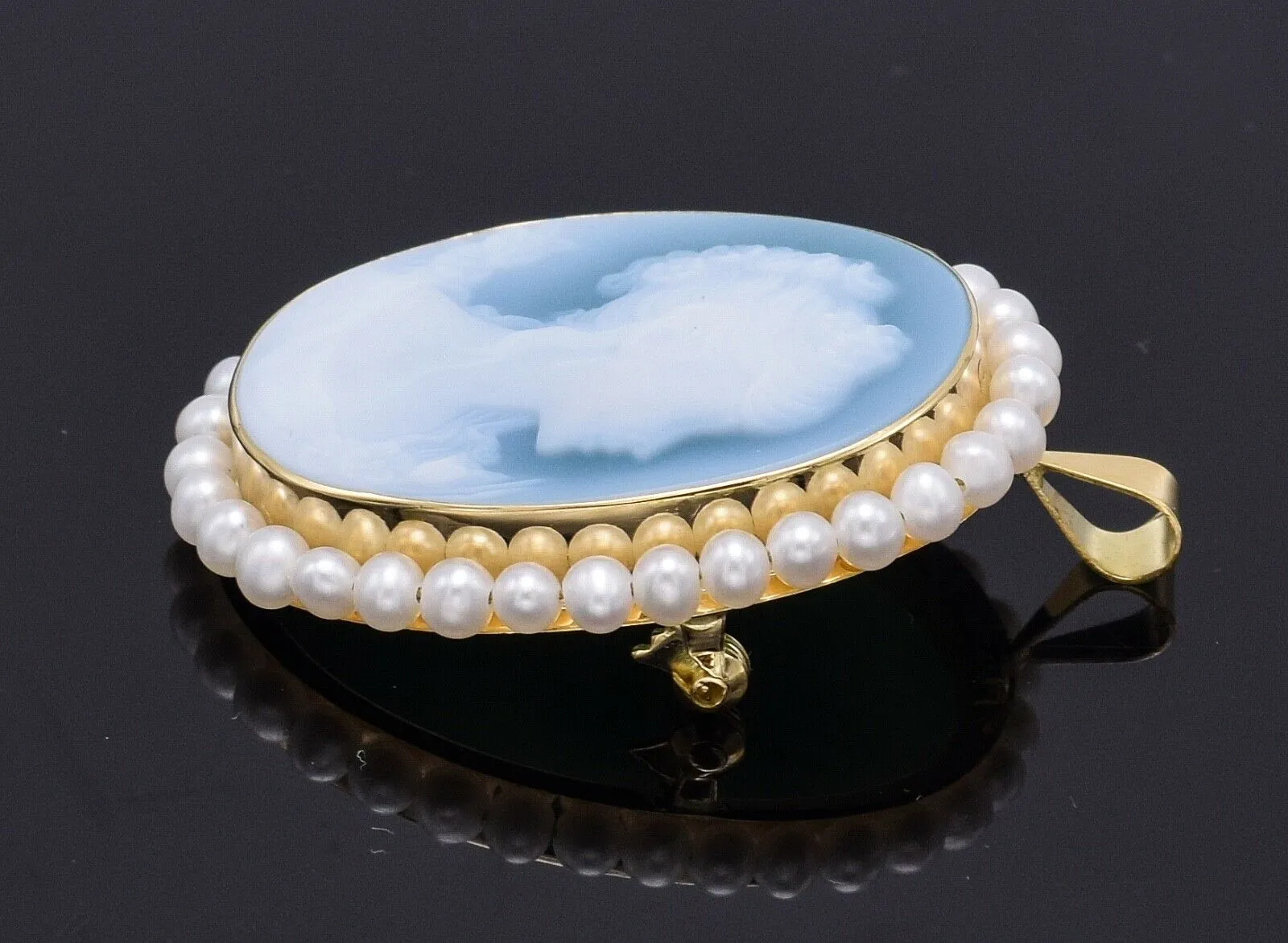 Antique 18K Yellow Gold Blue Hardstone Cameo & Sea Pearl Brooch Pendant 8.2Grams