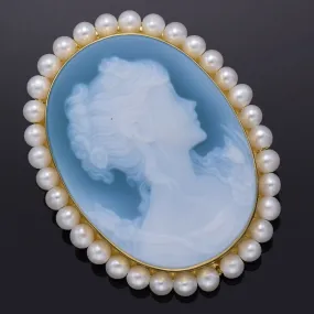 Antique 18K Yellow Gold Blue Hardstone Cameo & Sea Pearl Brooch Pendant 8.2Grams