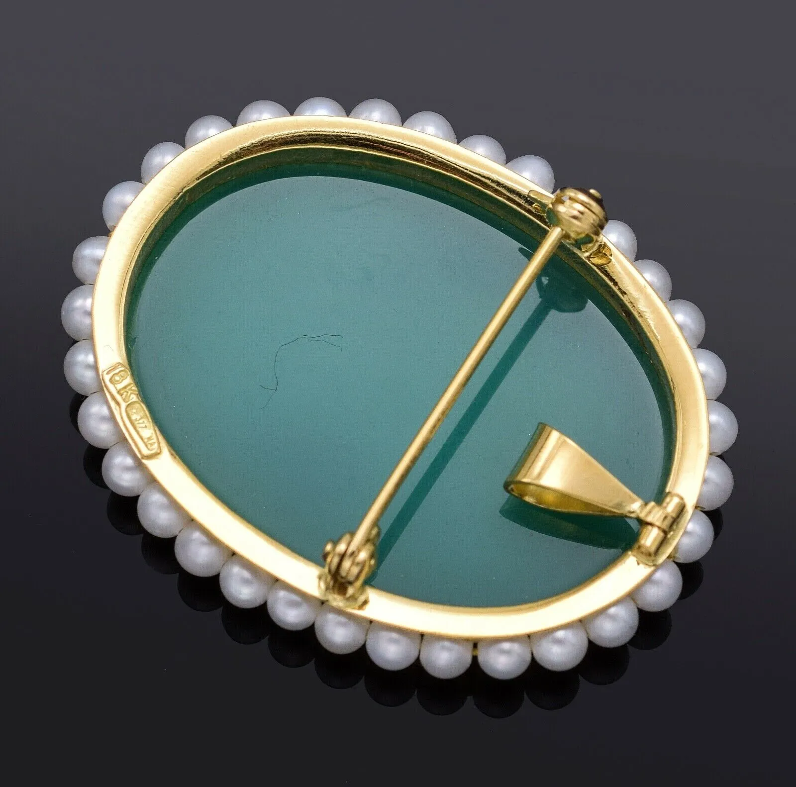 Antique 18K Yellow Gold Blue Hardstone Cameo & Sea Pearl Brooch Pendant 8.2Grams