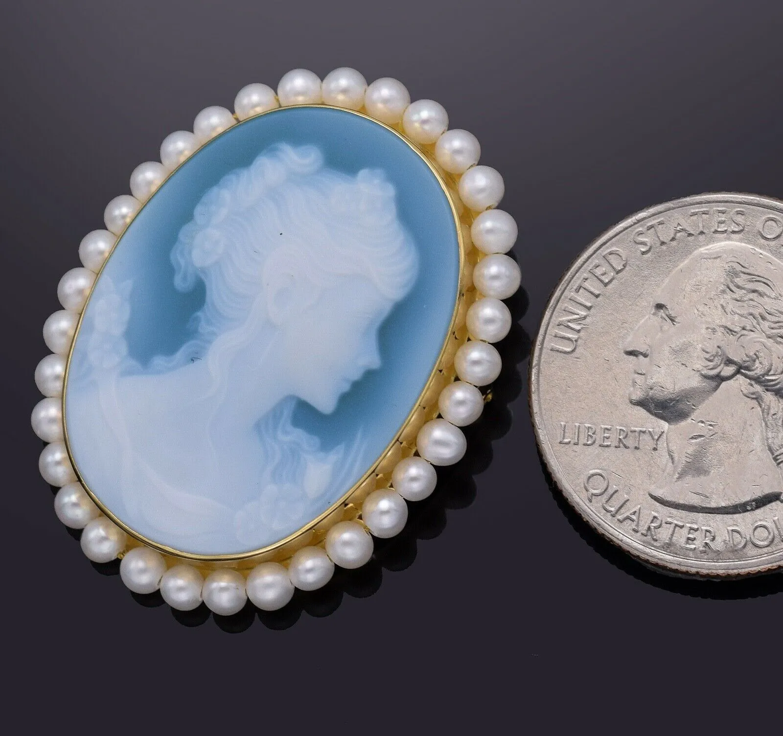 Antique 18K Yellow Gold Blue Hardstone Cameo & Sea Pearl Brooch Pendant 8.2Grams