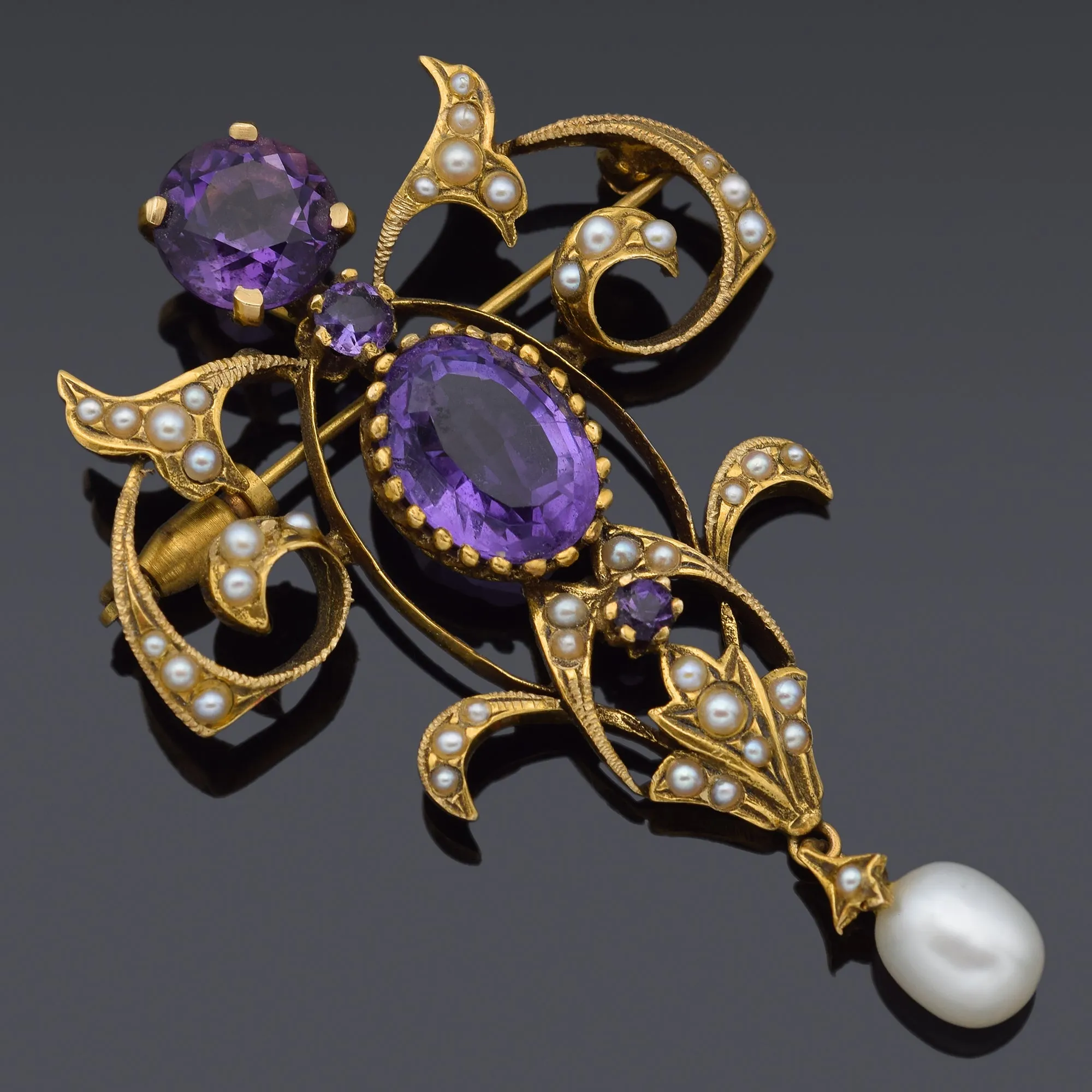 Antique Victorian 14K Yellow Gold Amethyst & Sea Pearl Brooch Pin Pendant