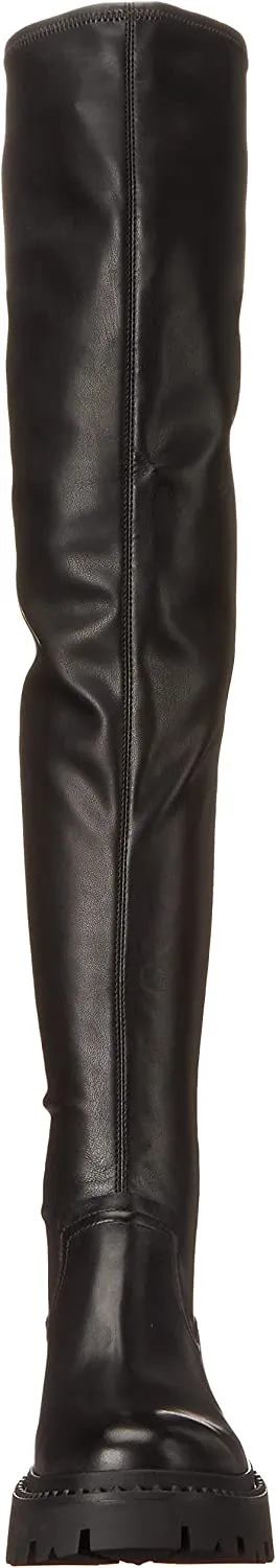 Ash Gill Black Pull On Stretch Fitted Nappa Over The-Knee Lug Sole Boots