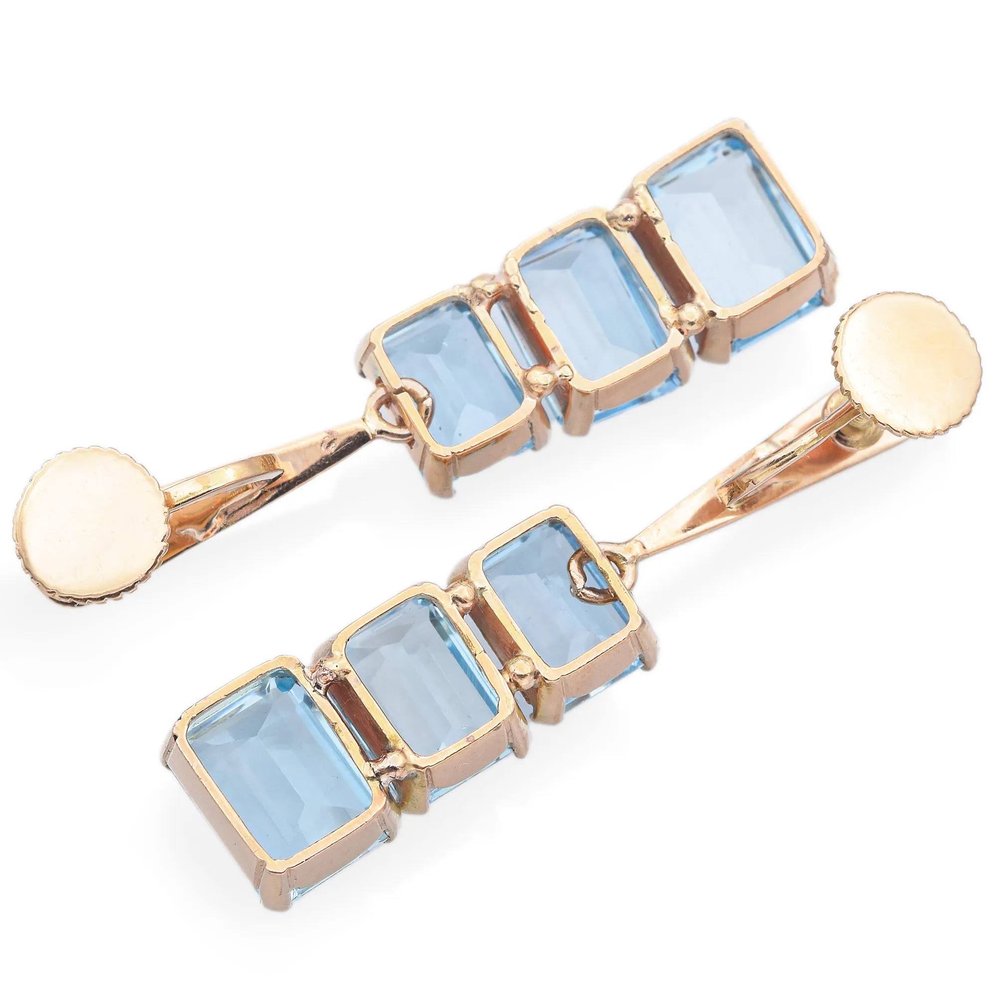 Estate 17K Yellow Gold Aquamarine Emerald Cut Screw-Back Drop Earrings