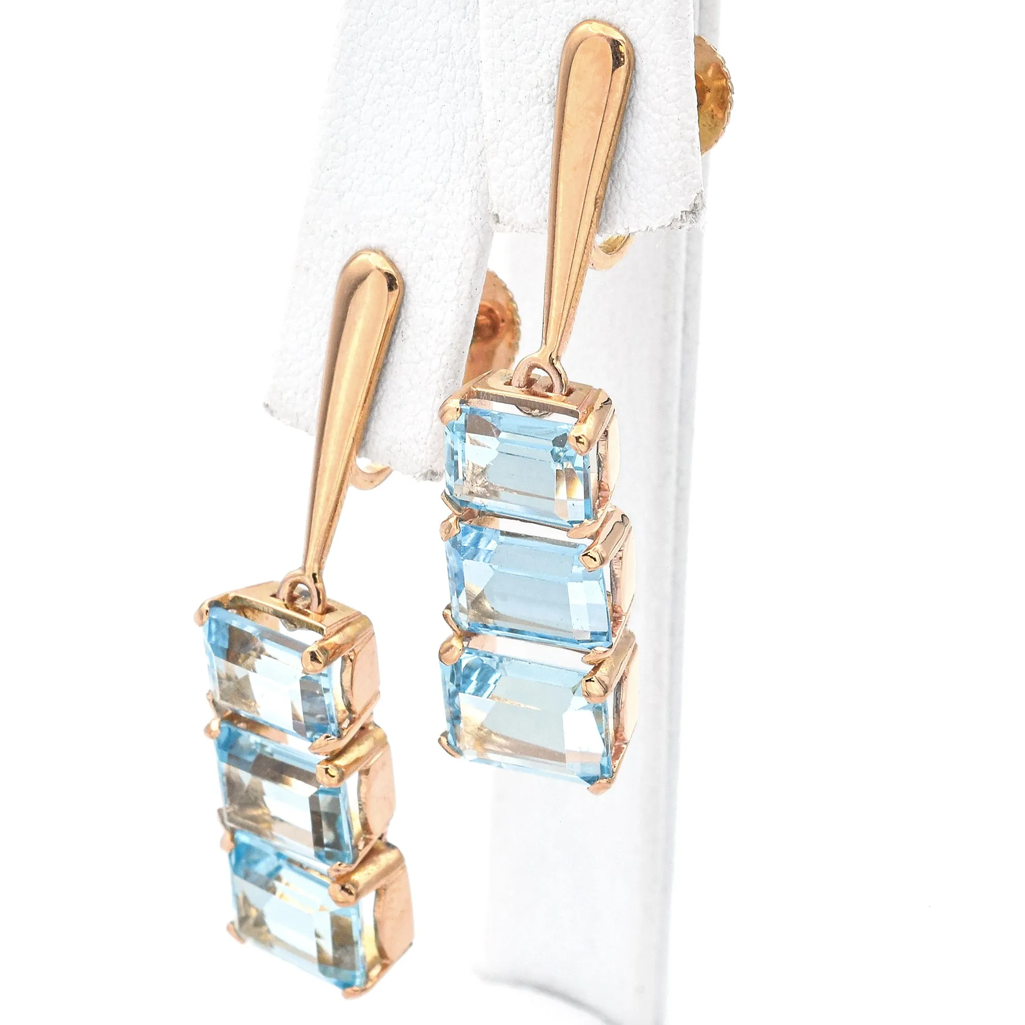 Estate 17K Yellow Gold Aquamarine Emerald Cut Screw-Back Drop Earrings