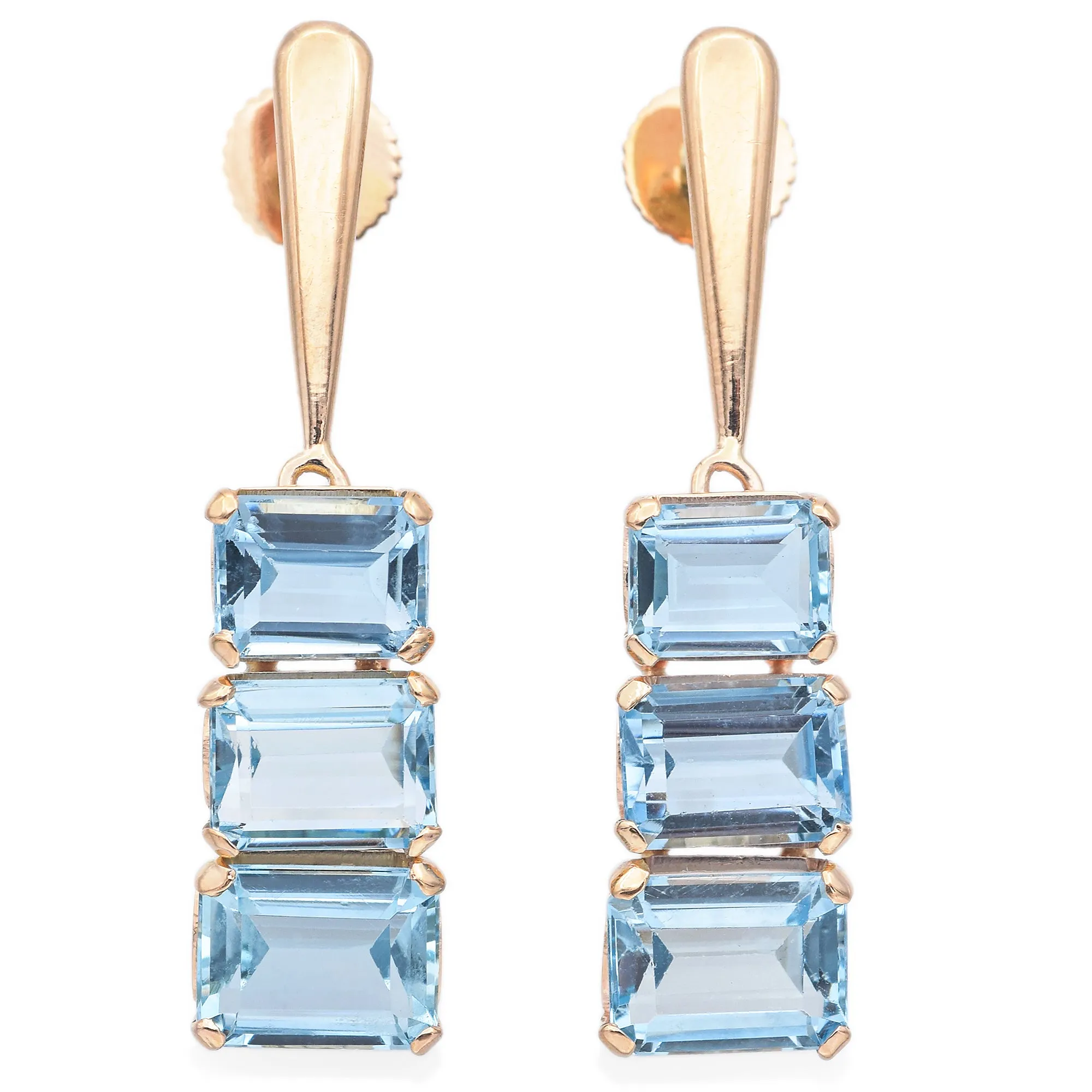 Estate 17K Yellow Gold Aquamarine Emerald Cut Screw-Back Drop Earrings