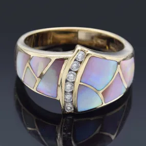 Estate ASH Mother of Pearl & Diamond 14K Yellow Gold Band Ring Size 7