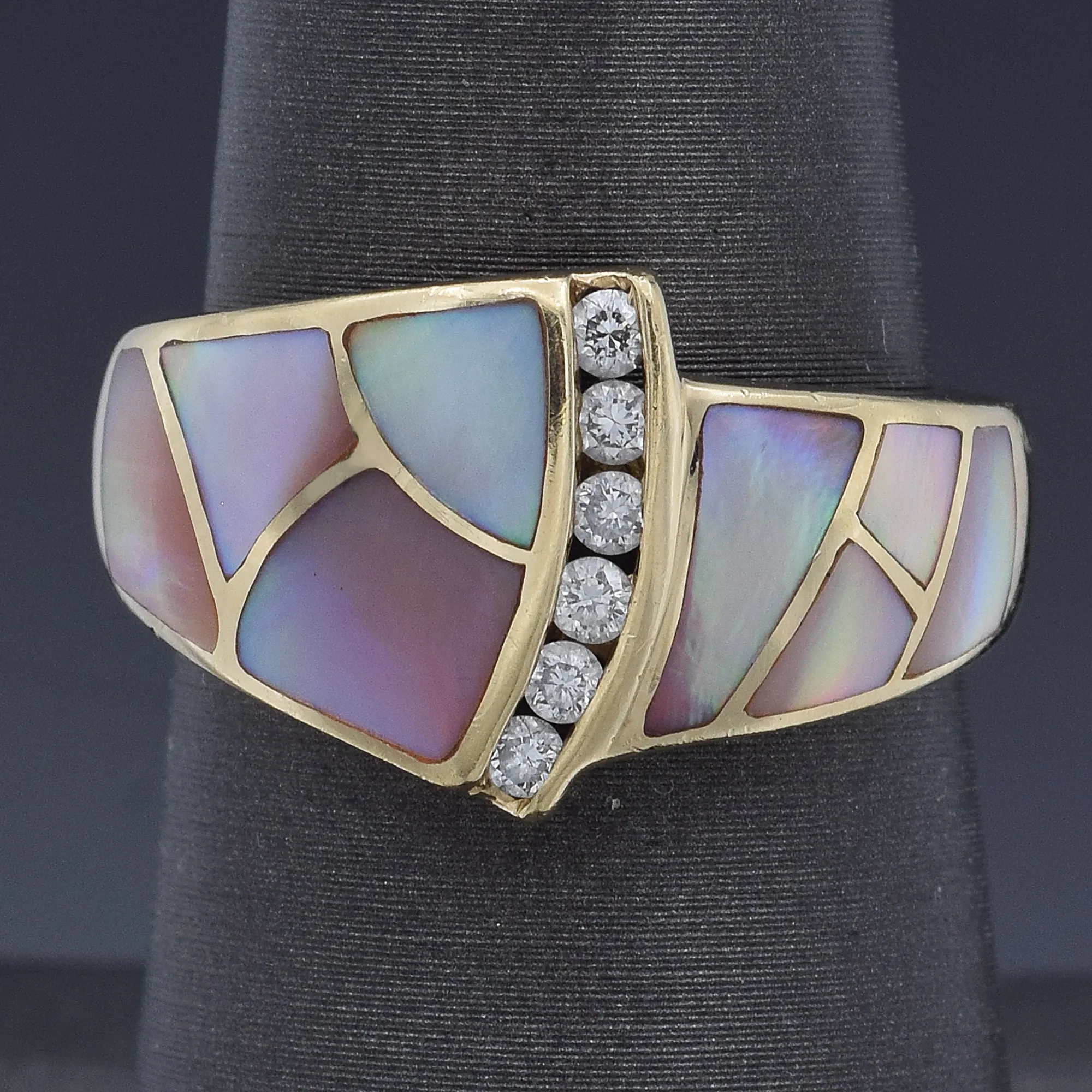 Estate ASH Mother of Pearl & Diamond 14K Yellow Gold Band Ring Size 7