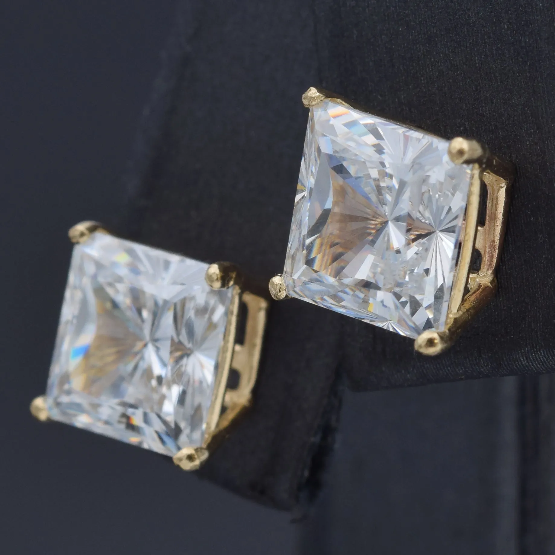 Estate Cubic Zirconia Princess Cut 14K Yellow Gold Stud Earrings 8.75 mm