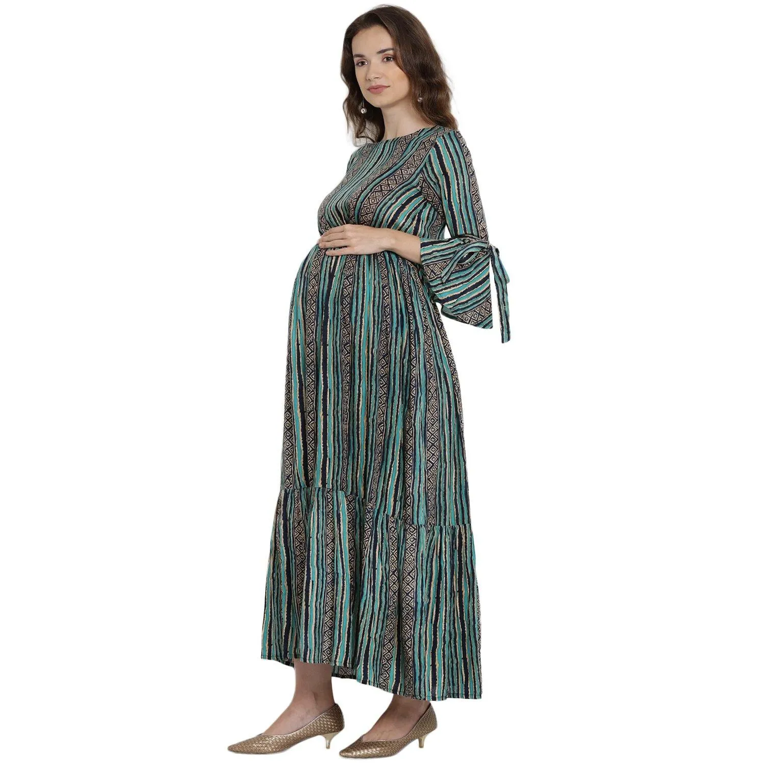 Green Stripe Maternity & Nursing Maxi Dress