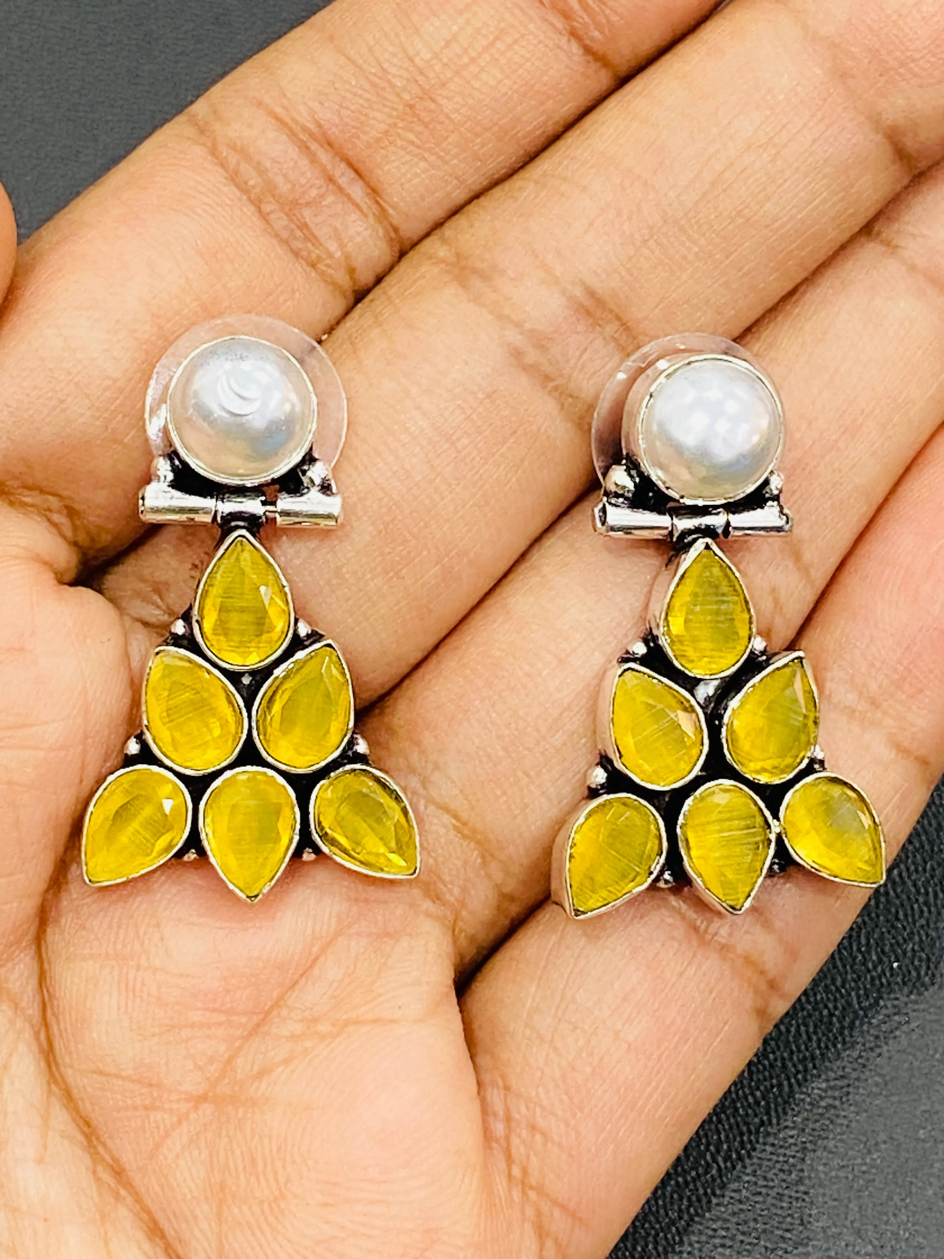 Lovely Yellow Color Stone Embedded Leaf Designed Oxidized Stud Earrings With White Pearl