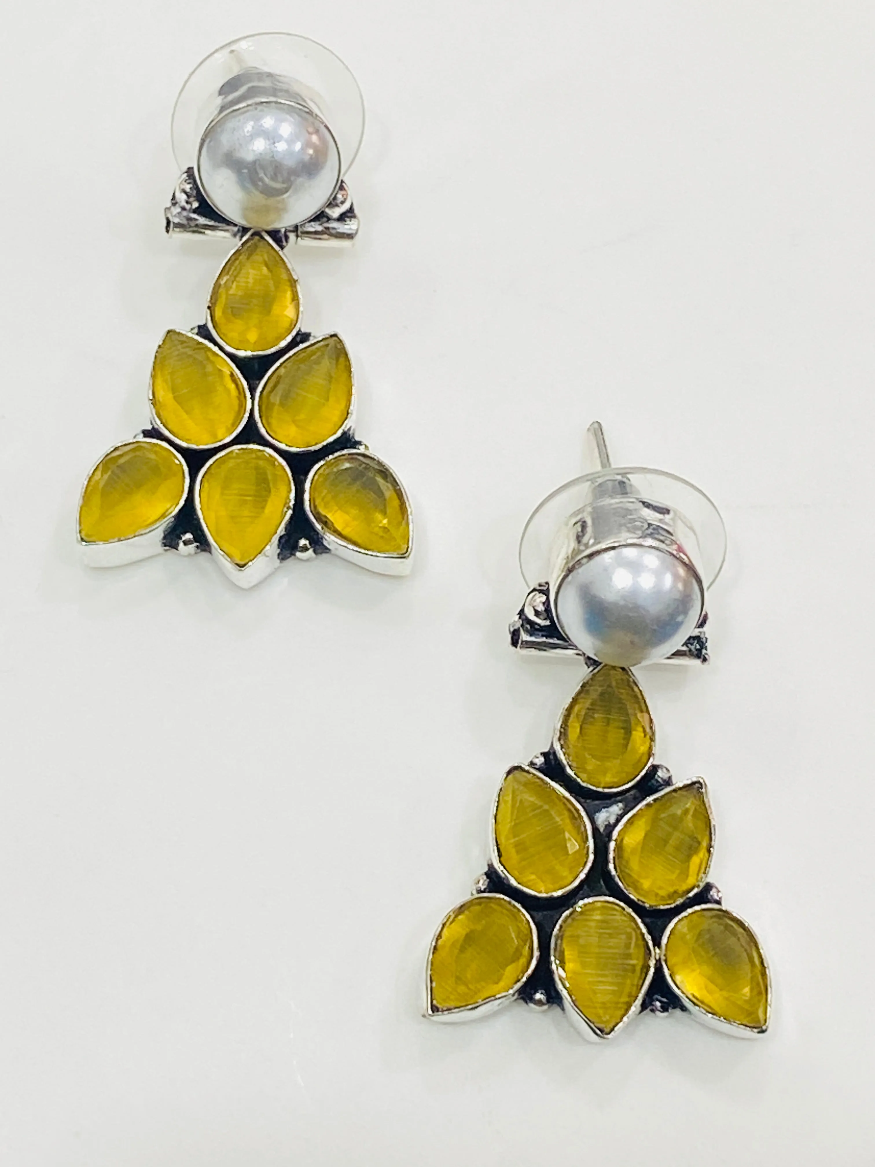 Lovely Yellow Color Stone Embedded Leaf Designed Oxidized Stud Earrings With White Pearl