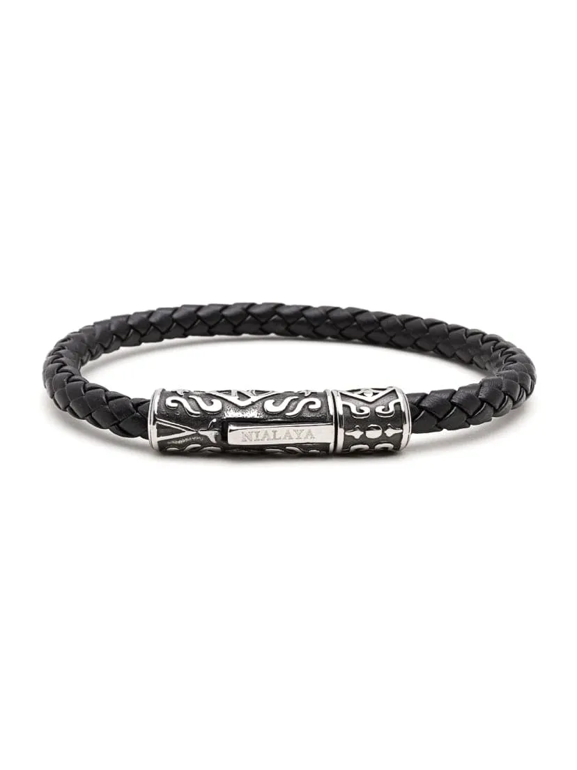 Men's Black Leather Bracelet with Silver Tube Lock