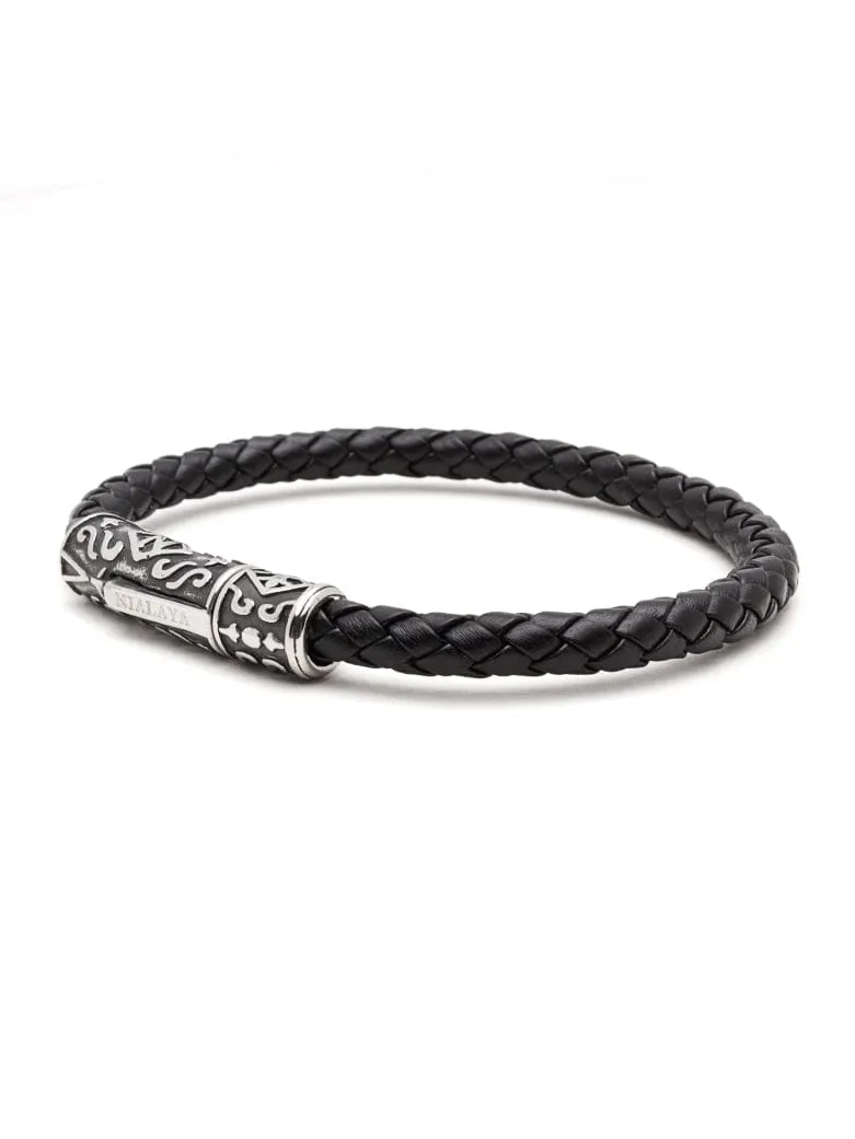 Men's Black Leather Bracelet with Silver Tube Lock